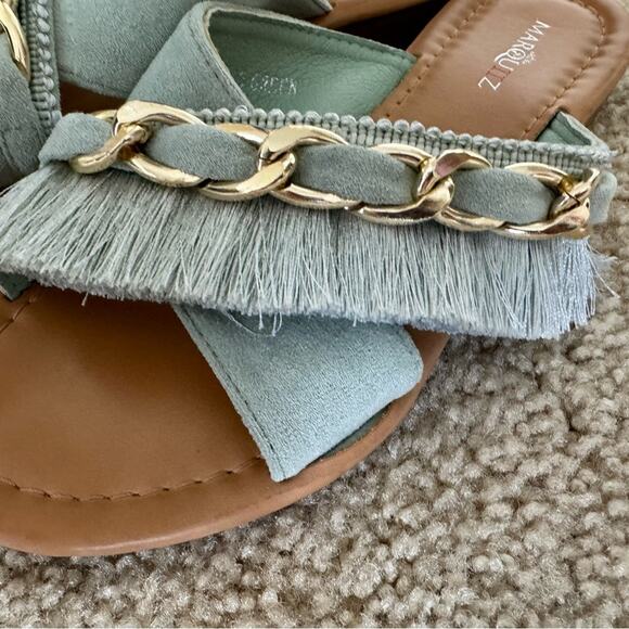 Marquiiz Fringed Suede Chain Link Slides - Seafoam Green Size 6 - Picture 6 of 7